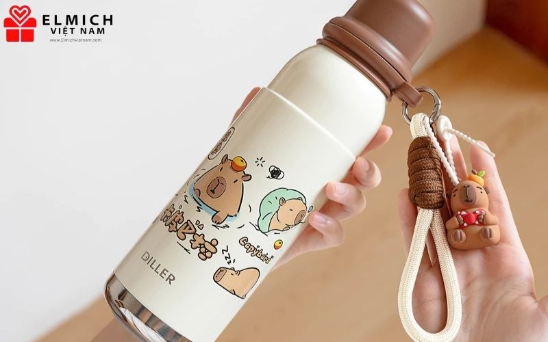 Bình giữ nhiệt họa tiết dễ thương chân không Diller D9286 in hình capybara siêu đáng yêu cho bé