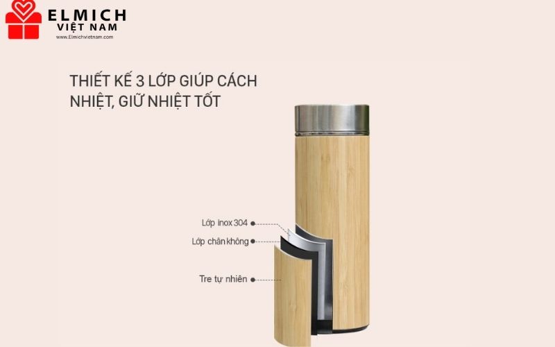 Nằm giữa lớp vỏ tre và lõi inox là lớp cách nhiệt chân không